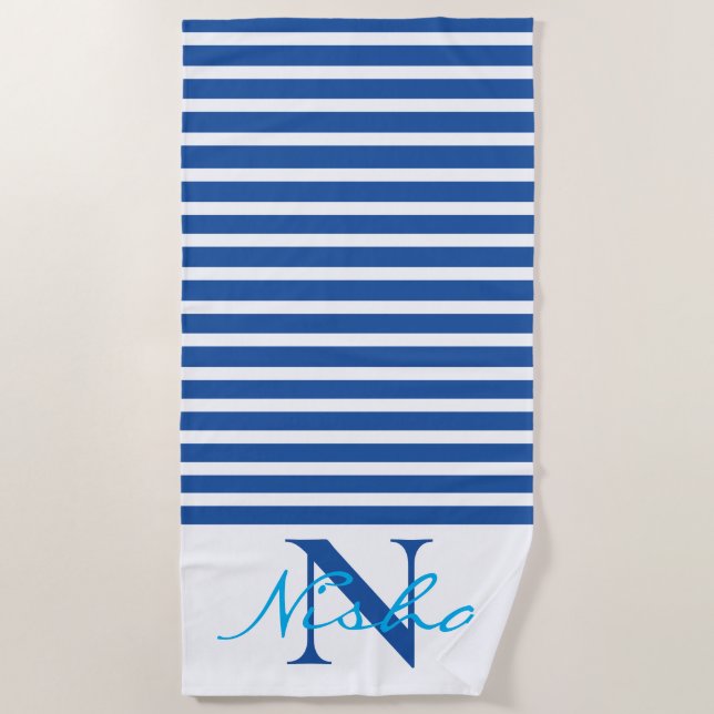 White Blue Stripes Monogram Beach Towel (Front)