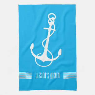 White & Blue Stripes Nautical Boat Anchor Tea Towel