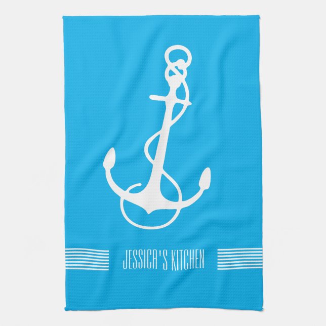 White & Blue Stripes Nautical Boat Anchor Tea Towel (Vertical)