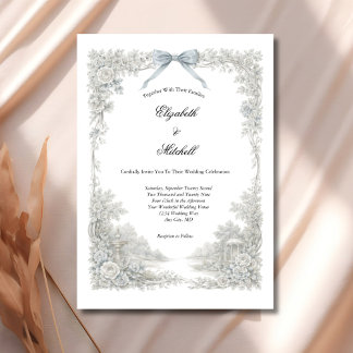 White Blue Toile Floral Coquette Bow Elegant Invitation