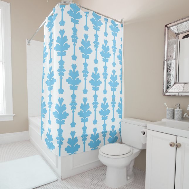 White & Blue Turquoise Damask Modern Glamour Shower Curtain (In Situ)