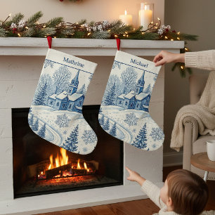 White Blue Vintage Church Winter Christmas Stockin Large Christmas Stocking
