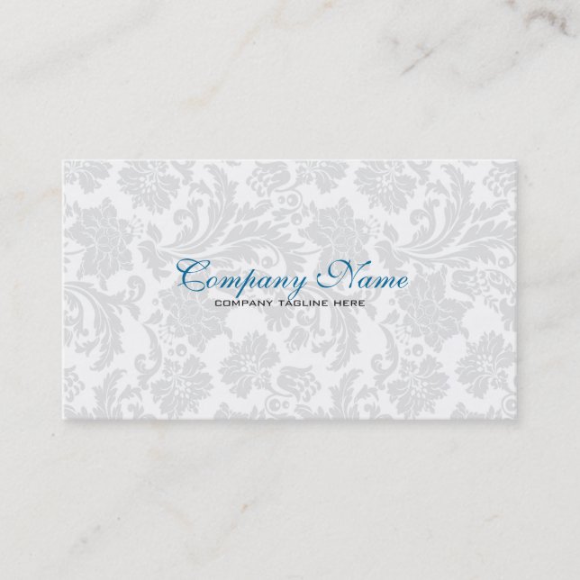 White & Blue Vintage Floral Damasks Business Card (Front)