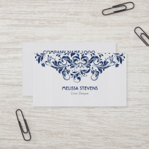 White & Blue Vintage Floral Swirls Lace Business Card