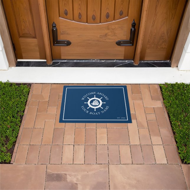 White & Blue Vintage Nautical Boat Wheel Doormat (Outdoor)