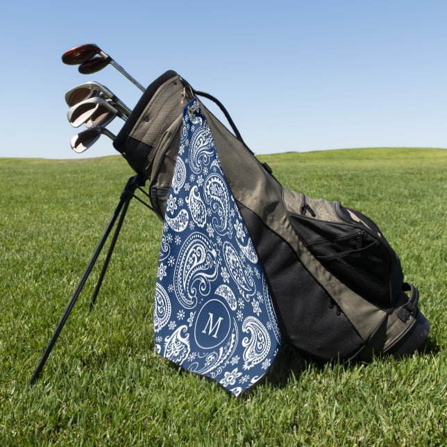 White blue vintage paisley pattern monogram golf towel (Green)