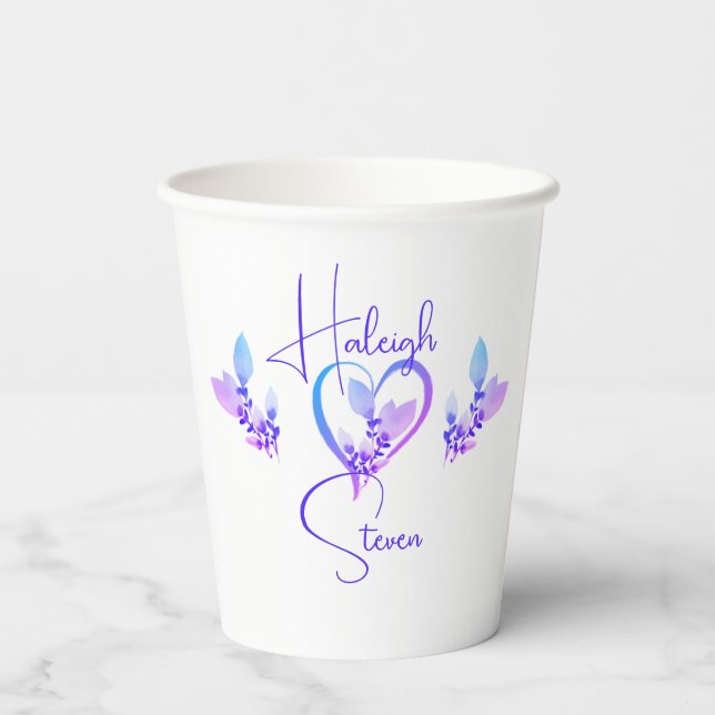 White, Blue, & Violet Floral Wedding  Paper Cups (Back)