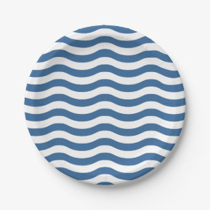 White Blue Wave Navy pattern Customise background Paper Plate