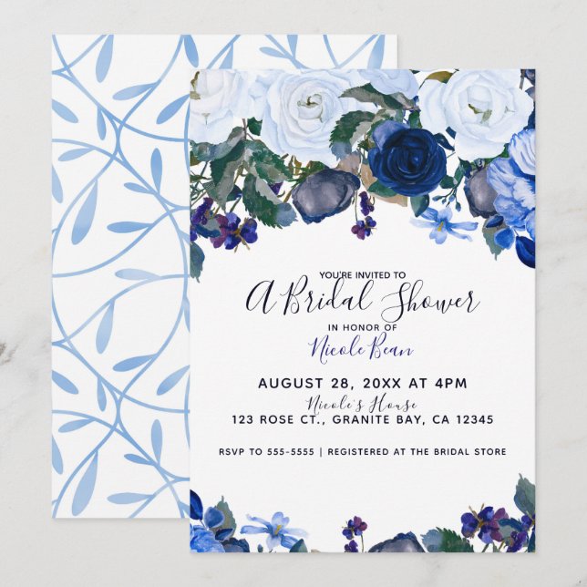 White & Blue Winter Floral Bouquet Bridal Shower Invitation (Front/Back)