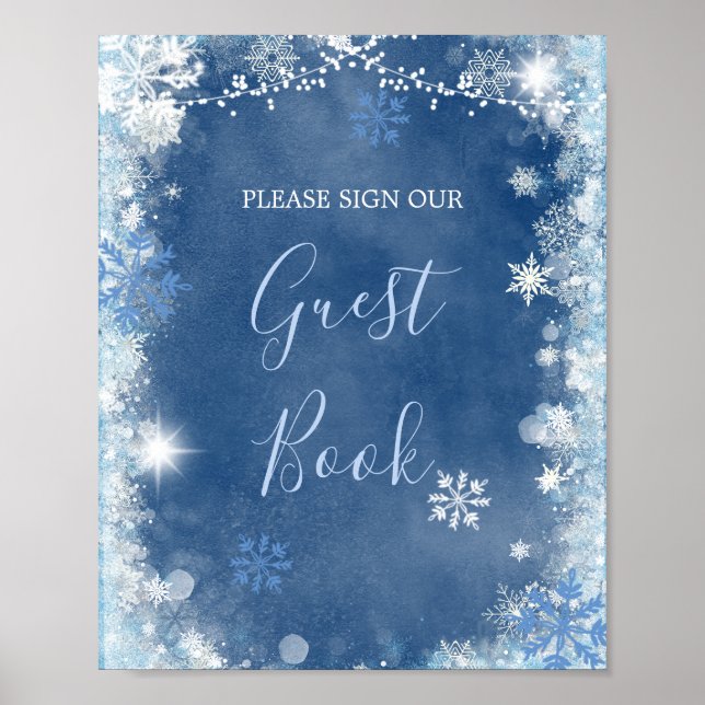 White Blue Winter Snowflake Bridal Guest Book (Front)