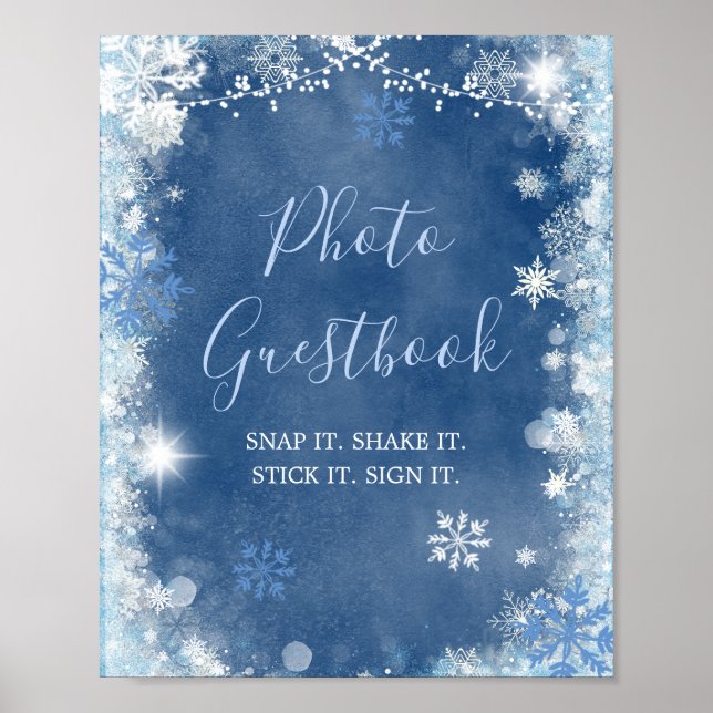 White Blue Winter Snowflake Bridal Photo Guestbook (Front)