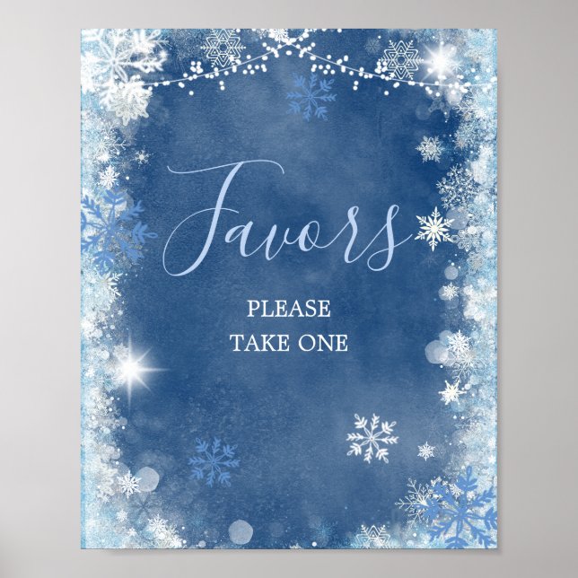 White Blue Winter Snowflake Bridal Shower Favours Poster (Front)