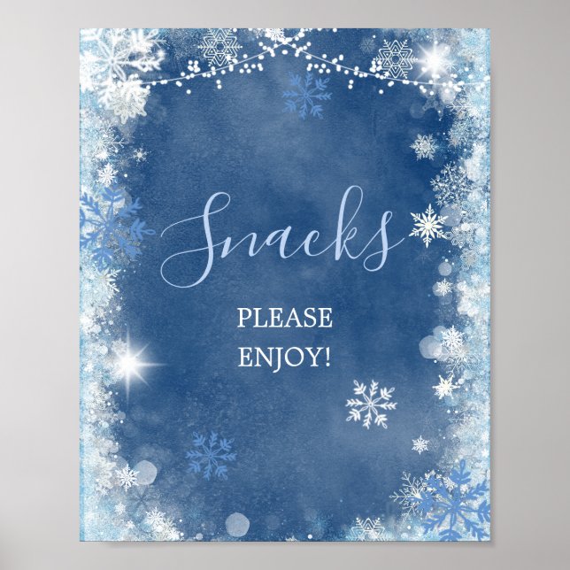 White Blue Winter Snowflake Bridal Shower Snacks Poster (Front)