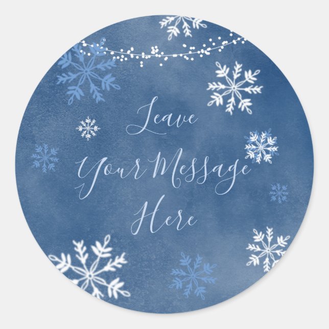 White Blue Winter Snowflake Love Your Message Here Classic Round Sticker (Front)