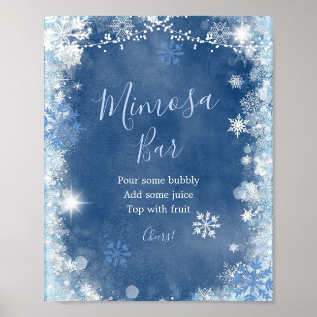 White Blue Winter Snowflake Shower Mimosa Bar Poster (Front)