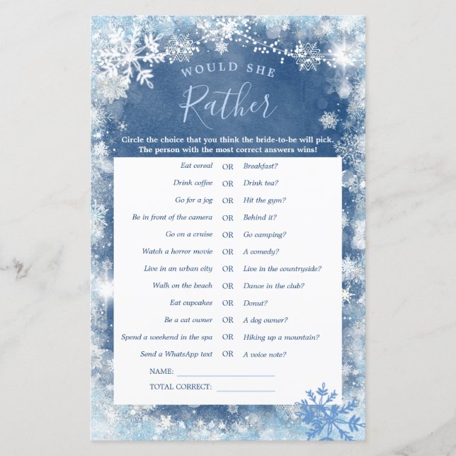 White Blue Winter Snowflake Would She Rather (Front)