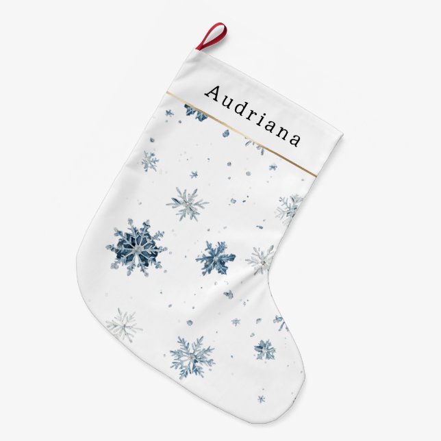 White Blue Winter Snowflakes   Large Christmas Stocking (Front (Hanging))