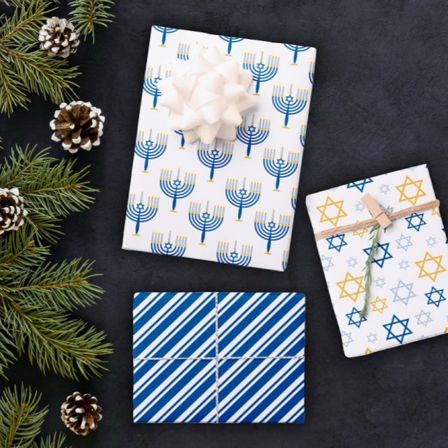 White Blue & Yellow Mixed Hanukkah Patterns Wrapping Paper Sheet (Creator Uploaded)