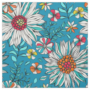 White Blue Yellow Orange Red Daisy Flowers Pattern Fabric