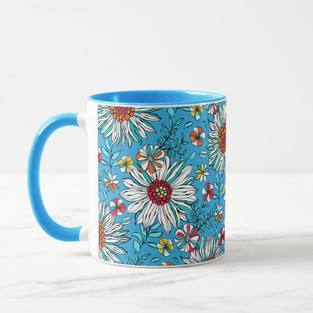 White Blue Yellow Orange Red Daisy Flowers Pattern Mug (Left)