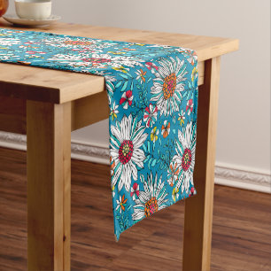 White Blue Yellow Orange Red Daisy Flowers Pattern Short Table Runner