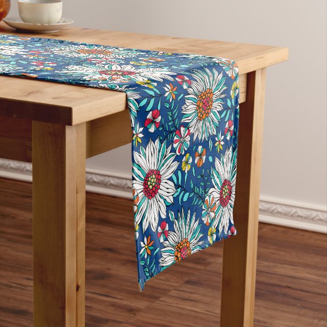White Blue Yellow Orange Red Daisy Flowers Pattern Short Table Runner (In Situ)