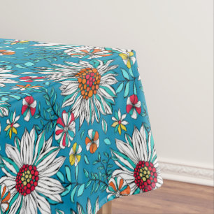 White Blue Yellow Orange Red Daisy Flowers Pattern Tablecloth