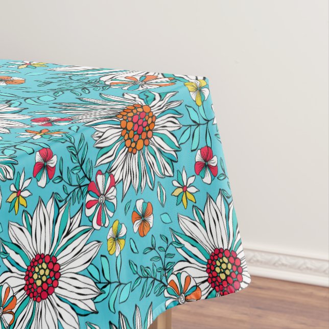 White Blue Yellow Orange Red Daisy Flowers Pattern Tablecloth (In Situ)