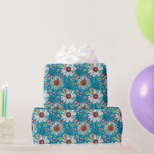 White Blue Yellow Orange Red Daisy Flowers Pattern Wrapping Paper