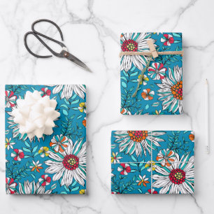 White Blue Yellow Orange Red Daisy Flowers Pattern Wrapping Paper Sheet