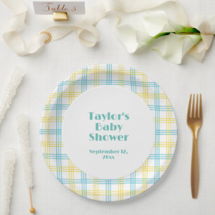 White Blue Yellow Stripes Baby Shower Paper Plate