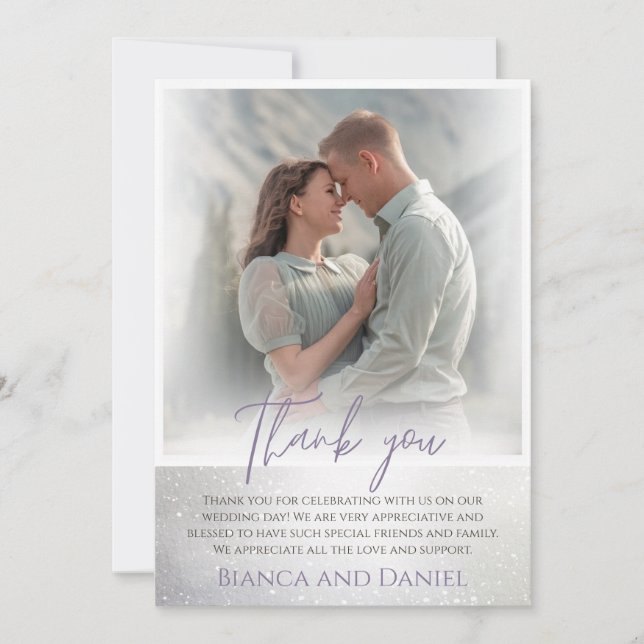 white blurry framed photo wedding  thank you card (Front)