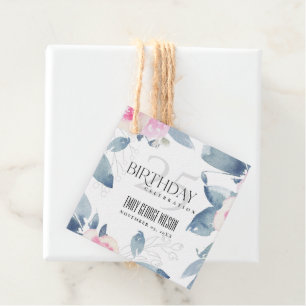 WHITE BLUSH BLUE FLORAL 25TH ANY AGE BIRTHDAY FAVOUR TAGS