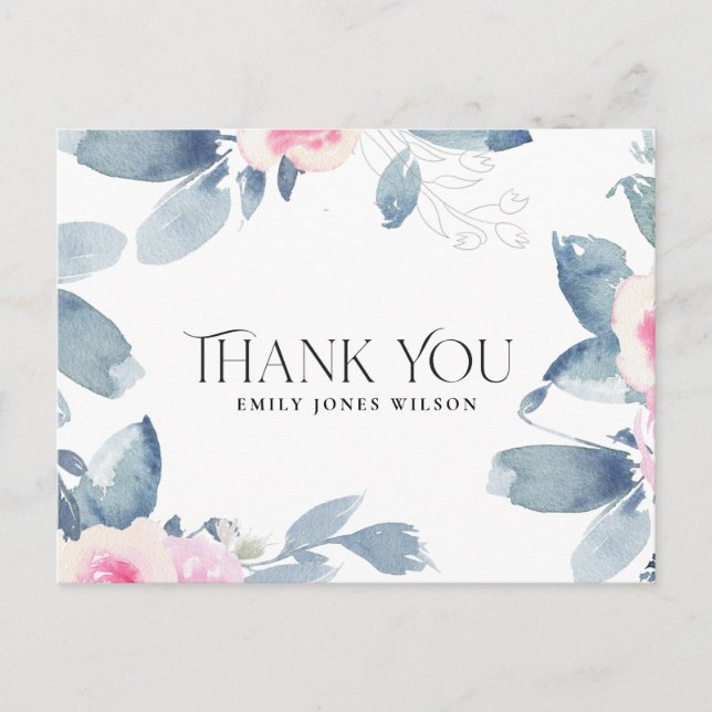 WHITE BLUSH BLUE FLORAL ANY AGE BIRTHDAY THANK YOU ANNOUNCEMENT POSTCARD (Front)