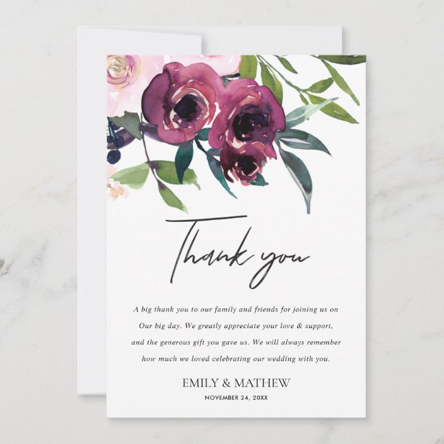 WHITE BLUSH BURGUNDY FLORA BUNCH WEDDING THANK YOU INVITATION (Front)