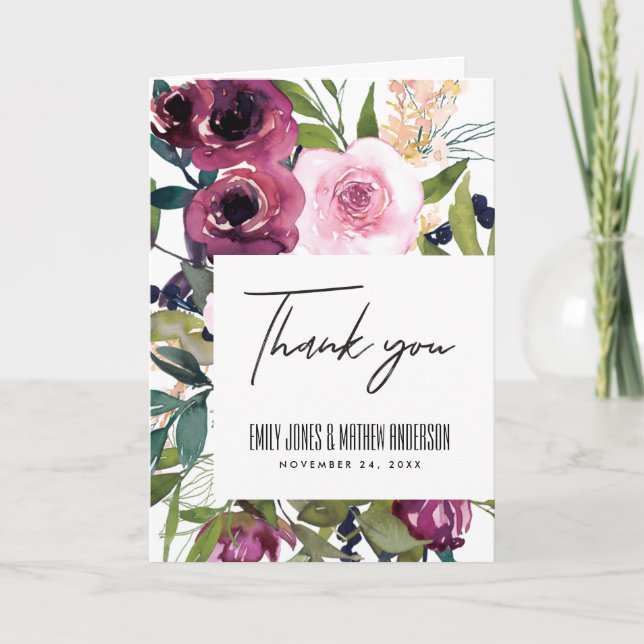 WHITE BLUSH BURGUNDY GREEN FLORAL BUNCH WEDDING THANK YOU CARD (Front)