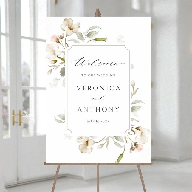 White Blush Elegant Floral Wedding Welcome Sign (Creator Uploaded)