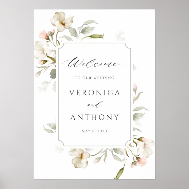 White Blush Elegant Floral Wedding Welcome Sign (Front)