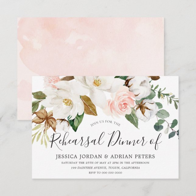 White & Blush Floral All Seasons Rehearsal Dinner Invitation (Front/Back)