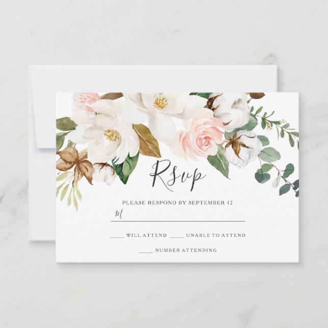 White & Blush Floral All Seasons Wedding RSVP Card (Front)