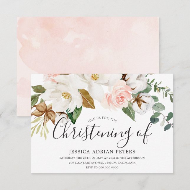 White & Blush Floral Baby Girl Christening Baptism Invitation (Front/Back)