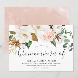 White & Blush Floral Beautiful Quinceanera Party Invitation