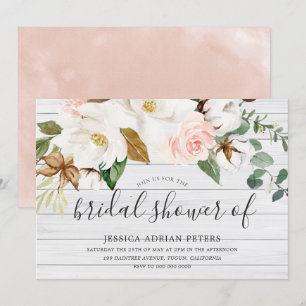 White Blush Floral Beautiful Rustic Bridal Shower Invitation