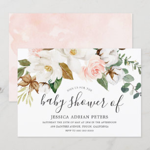 White & Blush Floral Boy or Girl Baby Shower Invitation