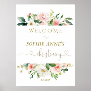 White Blush Floral Gold Christening Welcome Sign