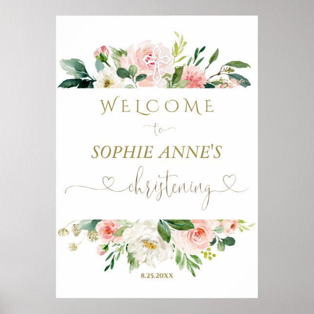 White Blush Floral Gold Christening Welcome Sign (Front)