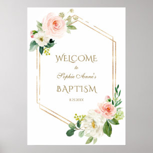 White Blush Floral Gold Frame Welcome Baptism Sign