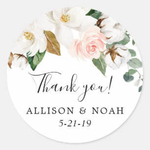 White blush floral magnolia greenery favour classic round sticker