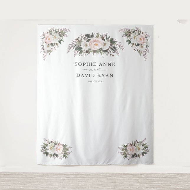 White Blush Floral Rose Gold Wedding Photo Prop   Tapestry (Front)