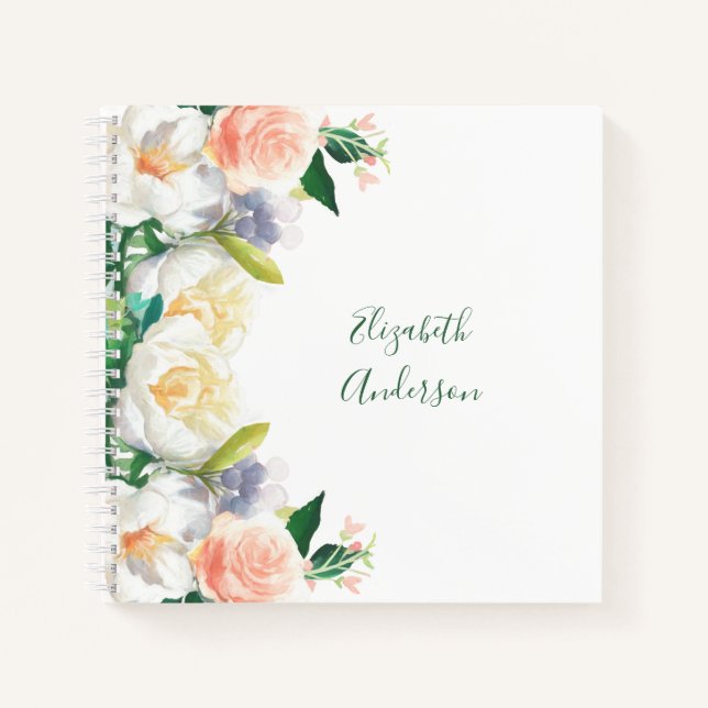 White blush florals name script notebook (Front)